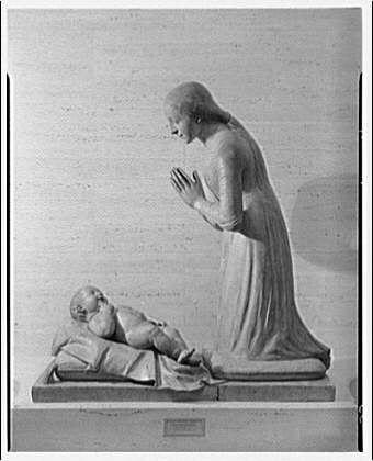 The image depicts a black and white sculpture of two figures, likely made from marble or another stone material. The standing figure appears to be an adult woman in mid-bow with her hands clasped together as if praying or grieving over the other figure lying on its back. This second figure is smaller than the first, suggesting it may represent a child.
The positioning and expressions of the figures convey deep emotion, possibly mourning or sorrow. The sculpture stands out prominently against what seems to be a plain background that highlights its form and details. Below this statue appears to be another inscription which reads "Nativity in clay" with additional information provided by Horydczak, dating it approximately between 1920-1950.
This image was sourced from the National Gallery of Art (NGA) as indicated on a label present at the bottom. The link for more details and an accompanying photograph is also given in this context - "Horydczak, Theodor, approximately