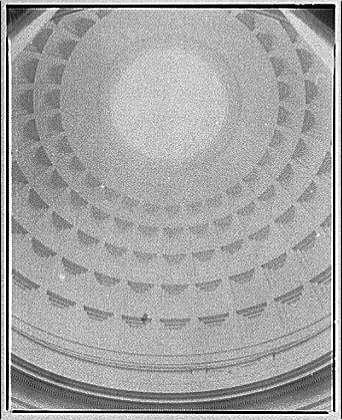 The image depicts a monochromatic photograph of the ceiling of what appears to be a dome structure, likely within a large building. The pattern on the ceiling is circular with concentric circles and rows of square or rectangular elements that create a repeating motif throughout its surface. This specific view focuses more closely at one section of this ceiling, displaying detailed patterns created by these geometric shapes.
Additional information provided indicates that this image is part of an archive from around 1920 to approximately 1950. The photographer credited with capturing the photograph is Horydczak, a Polish artist known for his architectural photography during those years. Although specific details about Horydczak's life and works are not available in this context, it can be inferred that he was involved in documenting various structures through photographic means.
Moreover, there's mention of National Gallery of Art being associated with the image, suggesting a connection to art institutions or exhibitions where such architectural photographs might have been displayed. The photograph itself is an 8x10-inch safety negative film measuring approximately six and nine-eighths inches high by eight and five-eighths inches wide.
In summary, this monochromatic photo showcases detailed geometric patterns on the ceiling of a dome structure in what was likely taken betwe [...]
