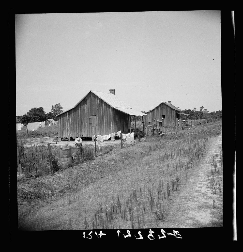 The image is a black and white photograph depicting an outdoor rural scene. It shows several weathered wooden structures, likely barns or sheds, with one prominently in the foreground on the right side of the frame. These buildings have visible wear and tear, indicating age and possible neglect.

In front of these structures, there are some objects including what appears to be a barrel placed near the fence line, and possibly other items scattered around that might suggest daily rural activities or storage for tools and goods.

A pathway runs through an open field leading away from the buildings towards more distant structures in the background. The ground is covered with grasses and patches of bare earth, suggesting it may have been recently used or not maintained regularly.

The sky above appears clear without visible clouds, indicating a sunny day despite the grayscale image's lack of color information about light conditions.

Text at the bottom left corner reads "15" followed by unclear markings that might be additional numbers. The overall setting suggests an agricultural or rural community with modest living quarters and simple infrastructure typical of historical photographs capturing working-class life in America during certain periods, such as around the early to mid-20th century.

The photograph's context is provided through a caption which states "Home of turpe [...]