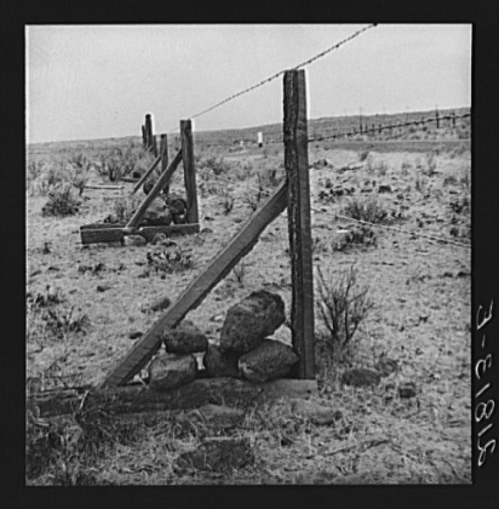 The image depicts a rural setting with an old-fashioned fence structure. The main focus is on the "Rockjack" type fencing, which appears to be made from wooden posts and rocks that are piled onto each other for stability. This style of fencing was common in certain regions like Wasco County, Oregon as indicated by the provided URL link [1]. It's a black-and-white photo with an aged appearance, suggesting it could be historical or part of a documentary series on rural life from past decades. The environment is arid and barren, hinting at agricultural land use typical for such areas in America during certain periods.