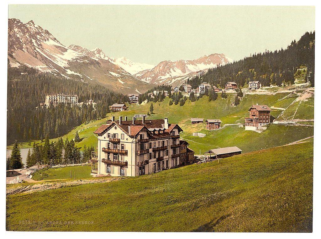 The image depicts a picturesque mountainous landscape with several chalet-style buildings nestled among green hills. In the foreground, there is an expansive grassy field that slopes gently upward towards the middle ground where we see clusters of traditional wooden and stone houses featuring steep gabled roofs typical of Alpine architecture. The central focus is on a prominent multi-storied building labeled "Hotel Seehof," suggesting it may be a notable landmark or inn within this scenic setting. This structure stands out with its ornate facade, balconies adorned with flower boxes, and a visible sign above the entrance.

In the background, majestic snow-capped mountains rise dramatically against a clear sky, providing a stunning backdrop to the serene village scene below. The vegetation includes sparse trees scattered throughout the landscape, adding texture and depth to the scenery. A mix of coniferous and deciduous species can be observed, indicative of an alpine climate.

The image appears aged with visible wear on its surface, as indicated by discoloration and creases, hinting that it may have historical significance or been produced during a time when color photography was not prevalent. The overall composition evokes the charm of early 20th-century Swiss tourism, where picturesque landscapes like this were popular subjects in postcards and travel literature.

The i [...]