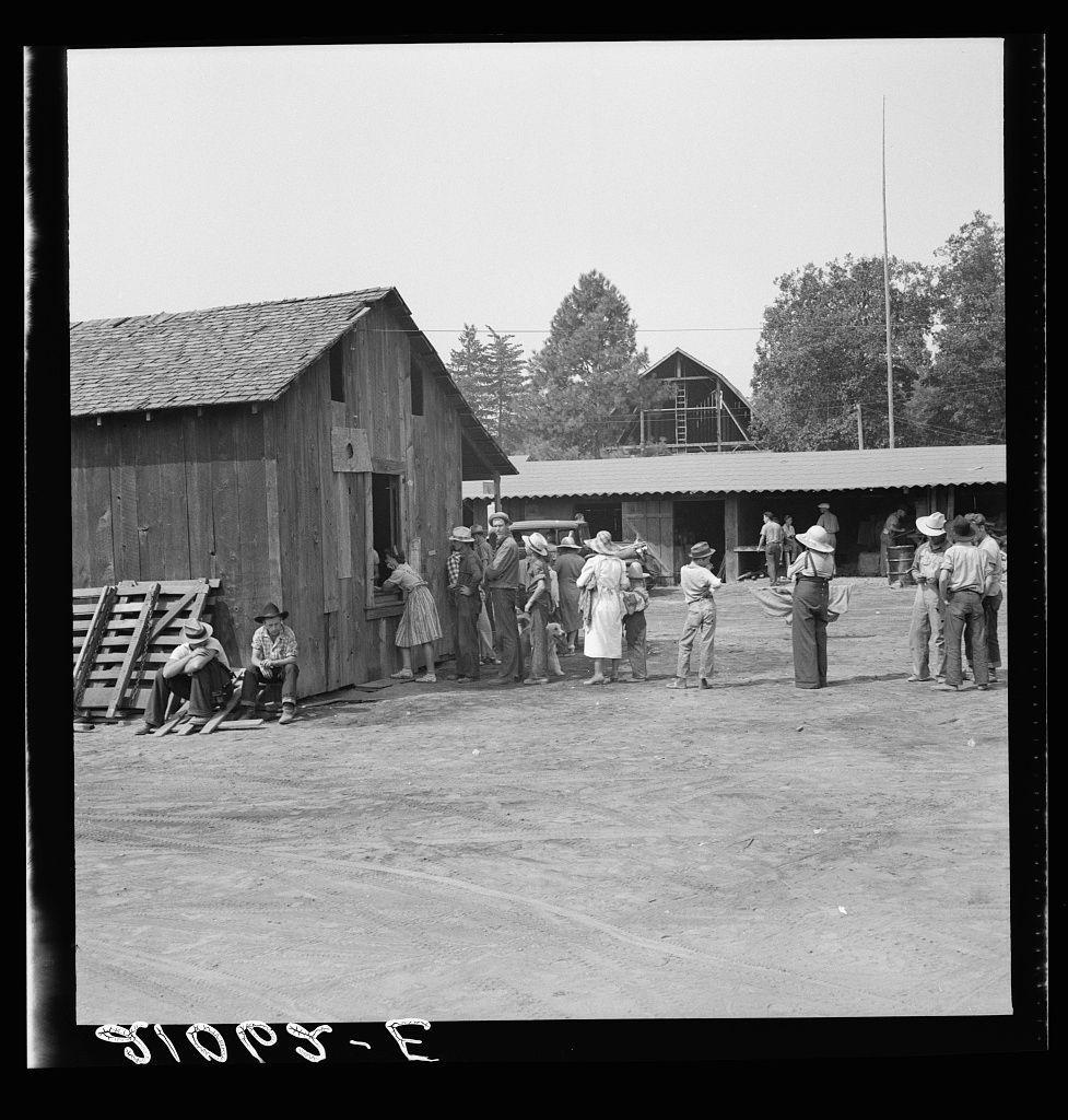 The photograph depicts a line of individuals gathered outside wooden structures, possibly in an agricultural or rural setting. A group stands near what appears to be a paymaster's window on the left side, suggesting that they might have been recently paid off from work. The people are dressed in various styles, indicating different occupations and social statuses. Some wear hats typical for outdoor laborers, while others don more formal attire. In the background, there is another structure under construction or repair with a ladder leaning against it. Trees can be seen beyond this area, hinting at an expansive natural landscape around them.