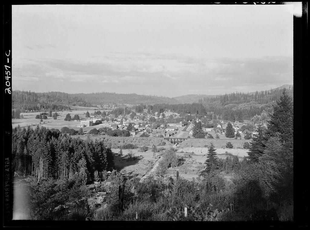 The image is a black and white photograph depicting an expansive, rural landscape with various elements. In the foreground, there's dense forestation that gradually thins out towards the center of the photo where human habitation begins to emerge.

A cluster of buildings can be seen in what appears to be a small town or village nestled amongst trees. The architecture is not distinctly modern and suggests a historical context for this photograph. There are roads visible, likely indicating connectivity between different parts of the community.

In the middle ground, beyond the immediate human settlement, more forested land stretches out leading up to rolling hills in the distance. These undulating topographical features create layers within the landscape which gives depth to the scene.

The sky is overcast with clouds suggesting either an early morning or late afternoon timing as no harsh shadows are cast on the ground below. Notable for its historical feel, it resembles what one might find from a mid-20th century American town in America's Pacific Northwest region given the context provided by Western Washington and Thurston County.

Additional information about this image can be found through various sources online which detail its origin story or provide interpretive analysis based on visual cues like composition, lighting, subject matter etc. This particular photo seems [...]