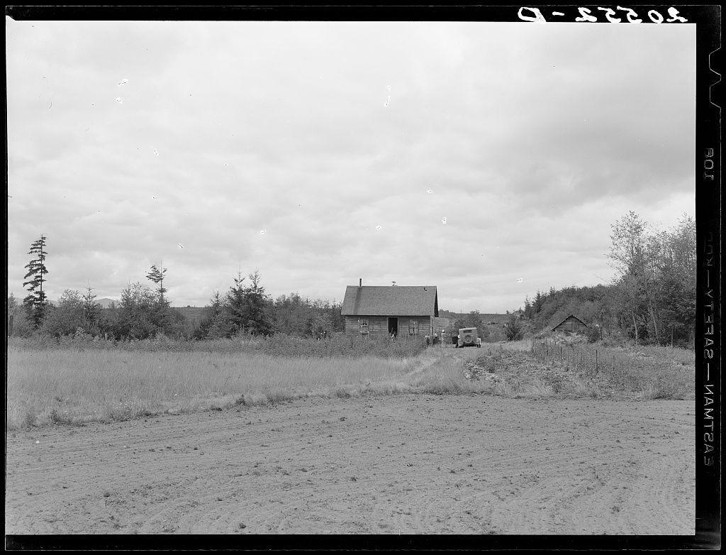This black and white photograph depicts a rural scene with an open field in the foreground, which appears to have been recently plowed or prepared for farming. In the midground stands a modest single-story house with a gabled roof, adjacent to what seems like a vegetable garden on its right side. To the left of the house is another structure that might be part of a farmstead. A vehicle, possibly an older model truck, is parked in front of the building.

In the background, there are several trees and shrubs scattered around, with more vegetation further back indicating a forested area or woodland beyond this cleared land. The sky overhead looks overcast, suggesting cloudy weather conditions during the time when this photograph was taken.

The image has textual annotations at its edges that include what appears to be a reference number "0-27358" and possibly some notes about the location: "JULY 1948 - TAMPTOWN." The additional information provided mentions that the Arnold farm is in Thurston County, Michigan Hill. Western Washington.

The photo's caption states it represents thirty-six from a larger collection or series by Dorothea Lange, who was known for her work during the Great Depression and documenting various aspects of American life including rural communities and agricultural activities.