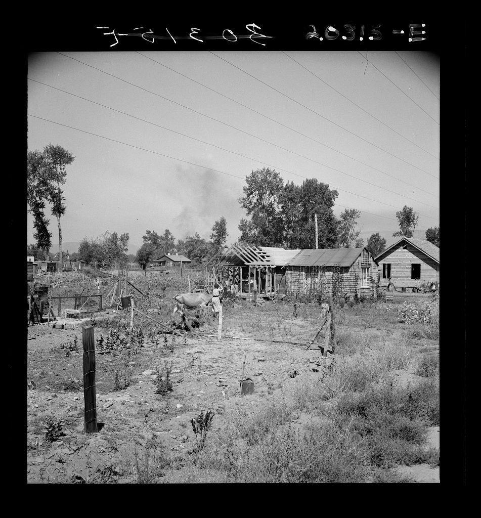 A black and white photograph of a rural setting with various structures such as houses, barns, and outbuildings. There are visible farm animals like cows, chickens, and crops in the fields. The image appears aged or vintage based on its monochromatic color scheme and style.
Additional information about this photo can be found at Home, self-built in two years, bit by bit., Yakima Washington
