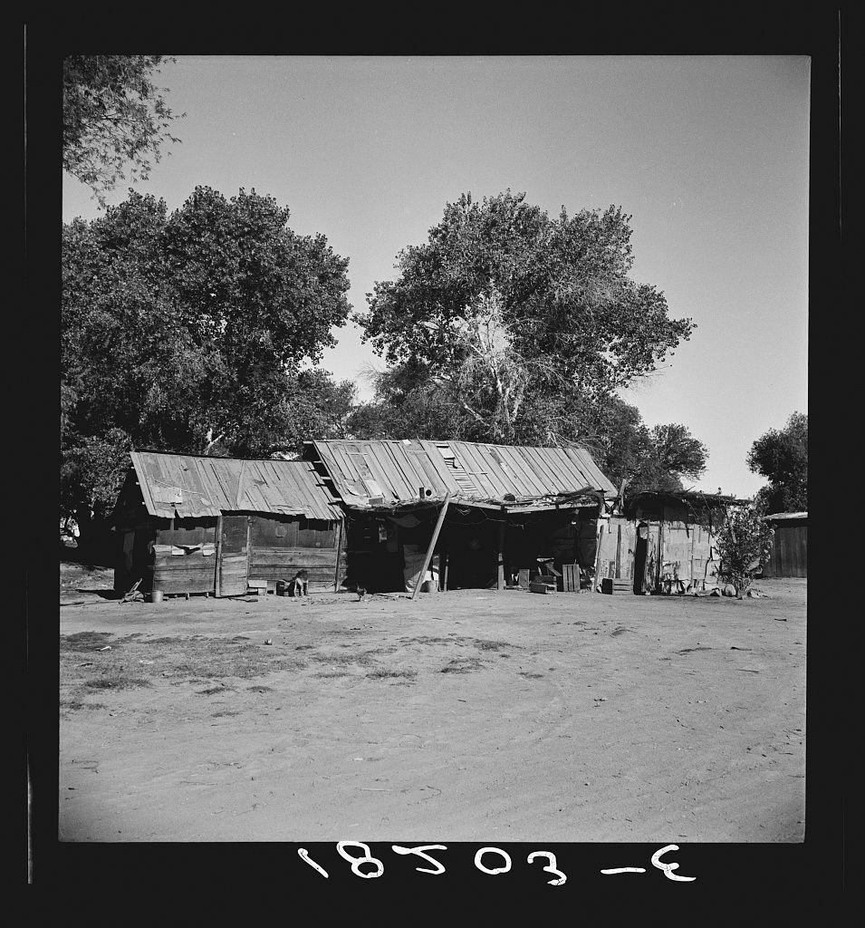 The image shows a dilapidated wooden structure with a corrugated metal roof, possibly serving as housing or storage. There are several trees surrounding the area providing some shade and greenery to what appears to be an open rural space on a sunny day. The ground is uneven and covered in dirt. Various objects like barrels, wheels, and other equipment can be seen scattered around outside of this structure. In the foreground, there's text overlaid that reads "18703 - 6". This photograph seems to capture a historical moment or location within Imperial Valley, California, near where a Mexican laborer lived in proximity to an extensive cantaloupe ranch close to the border with Mexico. The black and white photo hints at its vintage nature, likely taken during the late 19th century based on the date "18703" noted below it.