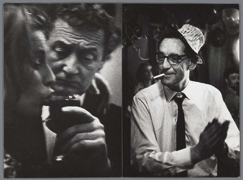 The image is a split composition in black and white, featuring two portraits of men. The left portrait shows an individual with unkempt hair, appearing contemplative as they hold something near their mouth. This person wears glasses and has a visible stubble on the face, suggesting a mature age.

On the right side, another man is depicted mid-gesture with one hand pressed against his chest in what seems like applause or appreciation. He sports round eyeglasses, a hat tilted at an angle, possibly indicative of casualness or nonchalance. This person wears a white shirt and black tie, exuding a more polished appearance compared to the left portrait.

The background is indistinct but appears dark with some blurred figures, suggesting that these photos might have been taken in social gatherings or events where photography was happening spontaneously. The overall composition has an artistic feel typical of documentary-style portraiture from mid-20th century photojournalism.