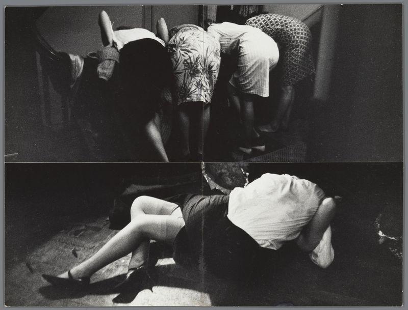 The image is a black and white collage consisting of four separate photographs, arranged in two rows. The top row shows three individuals engaged in what appears to be an intimate or playful interaction on the floor. They are dressed in casual clothing such as skirts, shorts, and blouses with patterns like flowers and checkered designs. One person's back is turned towards us while another leans forward reaching out their hand. There seems to be a sense of movement or activity between them.

The bottom row captures an individual lying on the floor, seemingly relaxed or in repose. This person wears dark shorts and has shoes off, with one leg bent and placed over the other, suggesting comfort and ease. The setting appears to be indoors based on what looks like furniture legs visible near their head and a patterned textile partially seen.

The overall composition of the image conveys themes that could range from intimacy, relaxation, or possibly even domestic life in an urban context during mid-20th century Europe. It has been featured alongside works by Ed van der Elsken as referenced in its source citation.