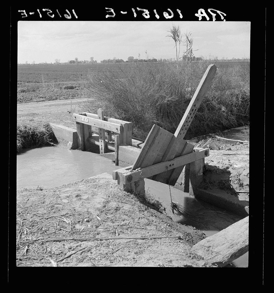 The image shows a black and white photograph of an irrigation ditch alongside the road. The main focus is on a wooden gate with several boards, some standing upright while others are lying flat in various positions, suggesting it may be broken or improperly installed. A single board leans against one side of the structure. This gate appears to control water flow into or out of the ditch and is located near what seems like an embankment where dirt has been disturbed.

The surrounding area includes a field with sparse vegetation that looks dry, indicating agricultural activity in the region. The terrain suggests it could be part of farmland designed for irrigation purposes. In the background, there are tall grasses or reeds along with some trees and shrubs, characteristic of arid environments like deserts where water management is crucial.

The photograph has a historical feel to it due to its monochrome presentation and appears to have been taken during daytime under clear skies, as indicated by the shadows on the ground. There's handwritten text in the upper left corner which reads "3-12-47," possibly indicating when this photo was taken or is associated with.

The overall scene encapsulates a moment of human intervention within an arid landscape for agricultural water management.