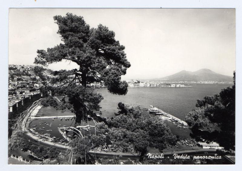 The black and white photograph captures a sweeping view of Naples, Italy. Prominently featured in the foreground is a large tree with dense foliage that provides contrast against the lighter sky behind it. Below this natural element lies an urban landscape characterized by tightly packed buildings on hilly terrain indicative of many Mediterranean cities' topography.

In the middle ground, there's a bustling harbor filled with numerous boats docked and floating around. The water appears relatively calm, reflecting some structures from above. Adjacent to the harbor is a curved waterfront area that includes what seems like a promenade or walkway for pedestrians, bordered by railings in certain sections. It suggests an active community space.

The background of the photograph presents a serene view of Naples Bay with several boats anchored further out and near landforms extending into the water from where buildings are clustered together.

A mountain looms in the distance under what appears to be a partly cloudy sky, anchoring this coastal cityscape within its natural surroundings. The overall composition shows an urban environment interwoven with nature, typical of many Mediterranean cities that thrive on their scenic locations by sea and mountainside terrains.

The photograph is labeled "Napoli Veduta panoramica" indicating it's part of a panoramic view series from Naples a [...]