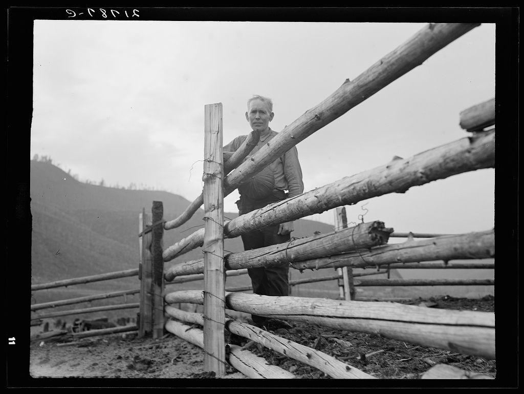 The image is a black and white photograph featuring an older male standing behind a rustic wooden fence in what appears to be a rural or mountainous setting. The man, who has a weathered appearance with visible signs of aging such as wrinkles on his face and hands that suggest manual labor experience, wears practical outdoor attire including a long-sleeved shirt and pants. His gaze is directed off-camera, suggesting contemplation or engagement in something outside the frame.

The wooden fence he stands behind appears to be part of a larger structure like a corral or enclosure, with multiple layers of horizontal logs creating an arch over which the man has his arm resting. The background reveals rolling hills and possibly mountains under a cloudy sky, adding to the remote atmosphere of the setting. On the top left corner of the photograph is handwritten text that reads "S-8015," likely indicating a cataloging or reference number for this image within a collection.

Additional context provided in the caption mentions Stump rancher and wife as part of their family history, living on cut-over land near Priest River Peninsula in Bonner County, Idaho. The photograph seems to be associated with other images that could offer more insight into the life and times of these individuals, potentially related to a larger narrative or study about rural communities during a specific perio [...]