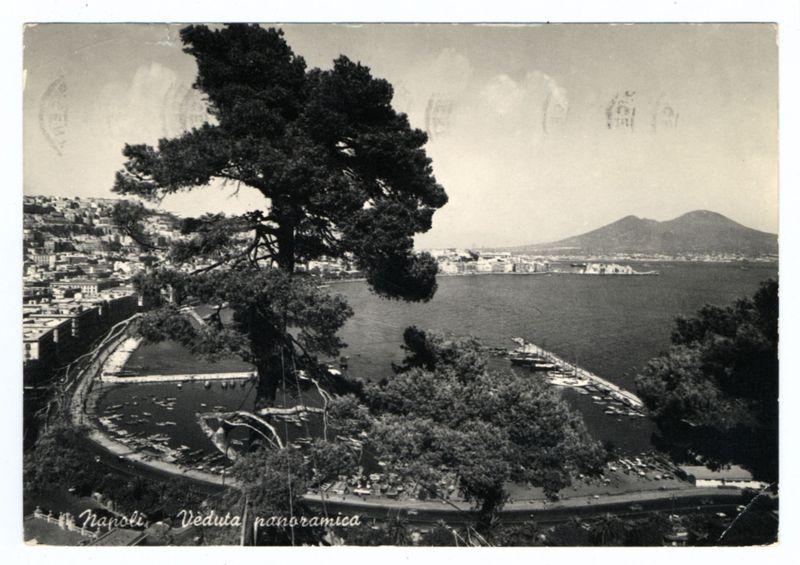 The image is a black and white photograph depicting an aerial view of the scenic waterfront in Naples, Italy. A prominent tree with sprawling branches dominates the foreground on the left side, overlooking what appears to be a large body of water that could be part of Bay of Naples or Vesuvius bay area as it's close to Mount Vesuvius which is visible at a distance.

In the midground, there are several boats docked along a pier with various structures and buildings lining up alongside. The waterscape includes swaths of land jutting out into the water where people can be seen enjoying leisure activities such as swimming or sunbathing on what seems like floating platforms or docks in one part of the bay.

The coastline is densely populated, showing an urban landscape that extends towards a hillside with residential buildings and terraced houses. The image bears a stamp-like watermark across its top left corner indicating "Napoli" at the bottom, suggesting it's from Naples; additionally there are handwritten notations or comments on the photograph which could be in Italian.

The photo has an atmospheric quality due to its age, likely dating back several decades given the style of photography and lack of modern infrastructure. It seems like a panoramic view captured by FerroCandilera as per additional information provided from an external link. The date "1954" is noted on this [...]