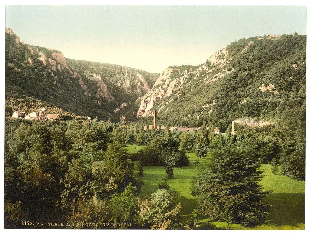 This image is a vintage postcard featuring a scenic landscape with dense, green forested hills in the background and rolling grassy fields in the foreground. A collection of small buildings or structures can be seen nestled within the trees on one side of the valley. Dominating the center-right portion of the scene is an old industrial chimney or tower, indicating historical industry presence in this natural setting.

The colors are muted with a sepia tone that suggests age and wear typical for postcards from around 1890-1900 era. The sky above appears clear and light blue. A text label at the bottom of the image reads "Thale," which is likely referencing Thale, Harg-Harding's Botanical Garden in Germany.

The landscape exudes a sense of calmness and untouched nature juxtaposed with remnants of human activity from an earlier time period. The overall composition captures both natural beauty and historical context within this German valley setting.