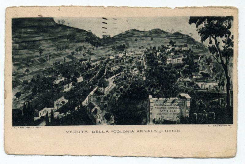 The image depicts a vintage postcard showing an aerial view of the "Colonia Arnaldi" in Uschio, Italy. The landscape includes rolling hills with sparse vegetation and clusters of buildings that suggest a small town or village setting. There are numerous trees scattered across the terrain, as well as groups of houses and larger structures, likely public buildings such as schools or government offices.

The upper right corner features two vertical banners bearing text; one says "Colonia Arnaldi" and the other reads "Veduta della Colonia Arnaldi," which translates to "View of Colonia Arnaldi." In the lower left corner is another banner with a signature, presumably that of the artist or photographer who created this print. The entire scene is rendered in monochrome, likely due to the age of the photograph and its artistic style.

The postcard has visible signs of wear on its edges, indicating it may be an antique item from the early 20th century or later. This detail adds a sense of historical context and authenticity to the image's representation of "Colonia Arnaldi." The artist responsible for this work appears to have signed their name in one corner.

The overall composition is indicative of the perspective used by artists during that period, providing viewers with an overview of the area while emphasizing its architectural elements.
