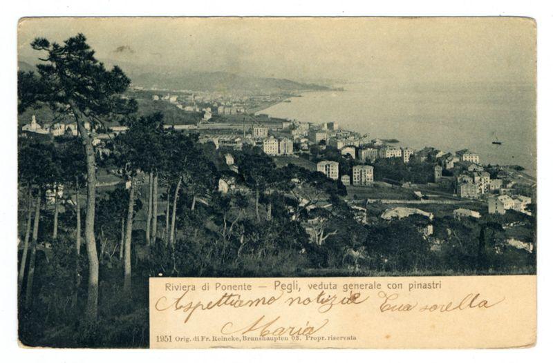 The image depicts a vintage postcard showing an aerial view of the coastline and town. It is labeled "Riviera di Ponente - Pegli, veduta generale con pinastri" in Italian at the top right corner, which translates to "Coastline of Ponente – Pegli, general view with pine trees." The card has handwritten annotations: on the bottom left it reads "L'ospedale notizie E. Ossella," and there's a signature that says "Maria" along with some additional cursive writing at the lower right corner.

The photograph captures an expansive coastal landscape from above, showing buildings densely packed within what appears to be hills or elevated terrain. The coastline extends into calm waters of a bay, likely part of a larger sea body given its expanse and clarity. Trees are scattered throughout the foreground, leading down towards the town area in the middle ground.

The postcard's edges show signs of wear and age; it has yellowed slightly over time with creases visible on both sides, indicating that it is not new or unused but rather a historical piece preserved through display. The handwritten notes suggest personal annotations from someone who may have lived near or visited Pegli at the same period as when this photograph was taken in 1951.

The overall impression of this postcard suggests travel and leisure; perhaps during a vacation, considering it is an old photo that could evoke nost [...]