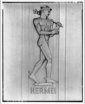 The image depicts a relief sculpture of the Greek god Hermes, standing on one leg with his body twisted to reveal two faces. He holds a caduceus in his left hand and appears poised for action or movement. The word "HERMES" is inscribed below the figure. This artwork was likely part of an architectural element such as a door or decorative panel. Given its style, it seems to be from around 1920-50 based on historical context provided by Library of Congress (John Adams Building) documentation and attribution information for Horydczak, Theodor (approximately 1890-1971). This photograph was taken using a safety negative film format measuring approximately 8 x 10 inches.