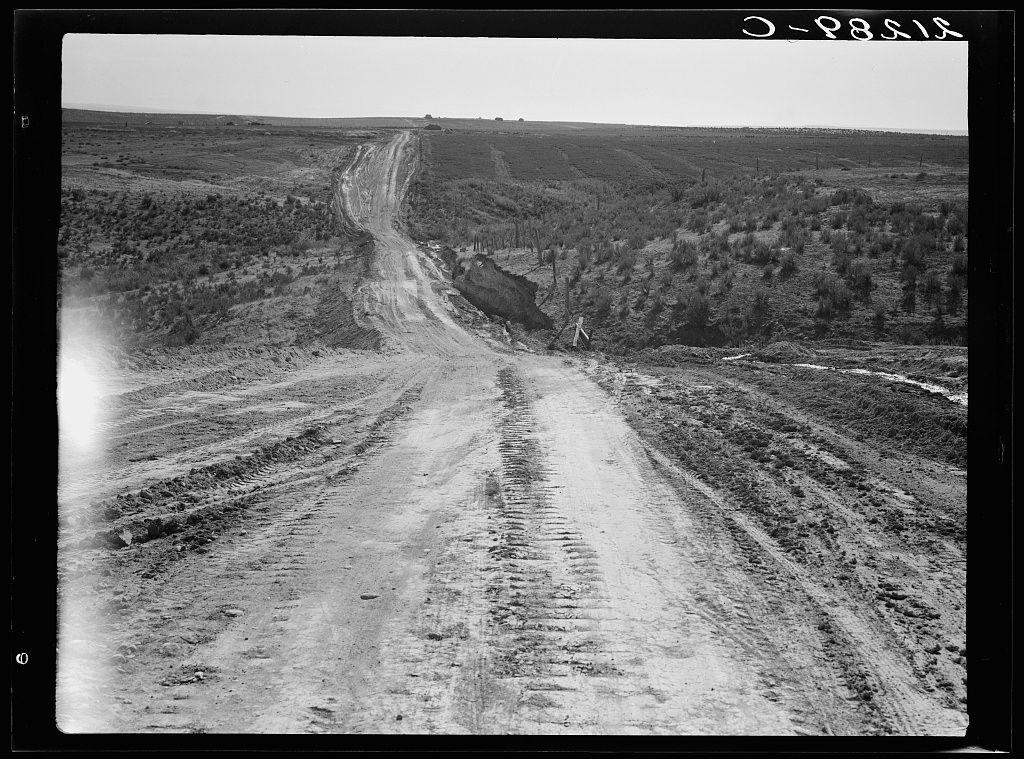 This black and white photograph captures an expansive view of a rural landscape, focusing on a dirt road that cuts through the terrain. The road is characterized by deep ruts from repeated use, indicative of significant travel or vehicle passage over time. Surrounding this path are vast expanses of land with sparse vegetation, primarily shrubbery typical of arid climates. In the distance, rolling hills rise gently against an unadorned sky, contributing to a sense of desolation and openness. There is no visible wildlife, human presence, or man-made structures aside from the road itself, suggesting this area may be remote or intentionally kept clear for some purpose.

The photograph lacks color information due to its monochrome nature but highlights contrasts between light and shadow effectively. The texture of the soil appears rough, with chunks scattered along the sides. A notable feature is a slope on one side of the road where dirt has been cleared away, possibly indicating maintenance or preparation work related to transportation activities.

A handwritten inscription in white capital letters across the top right corner reads "O-P819," which may be an identifier for cataloging purposes or could potentially relate to historical documentation. The bottom left contains a number within brackets labeled with a letter 'o,' suggesting this might be part of a series, collectio [...]