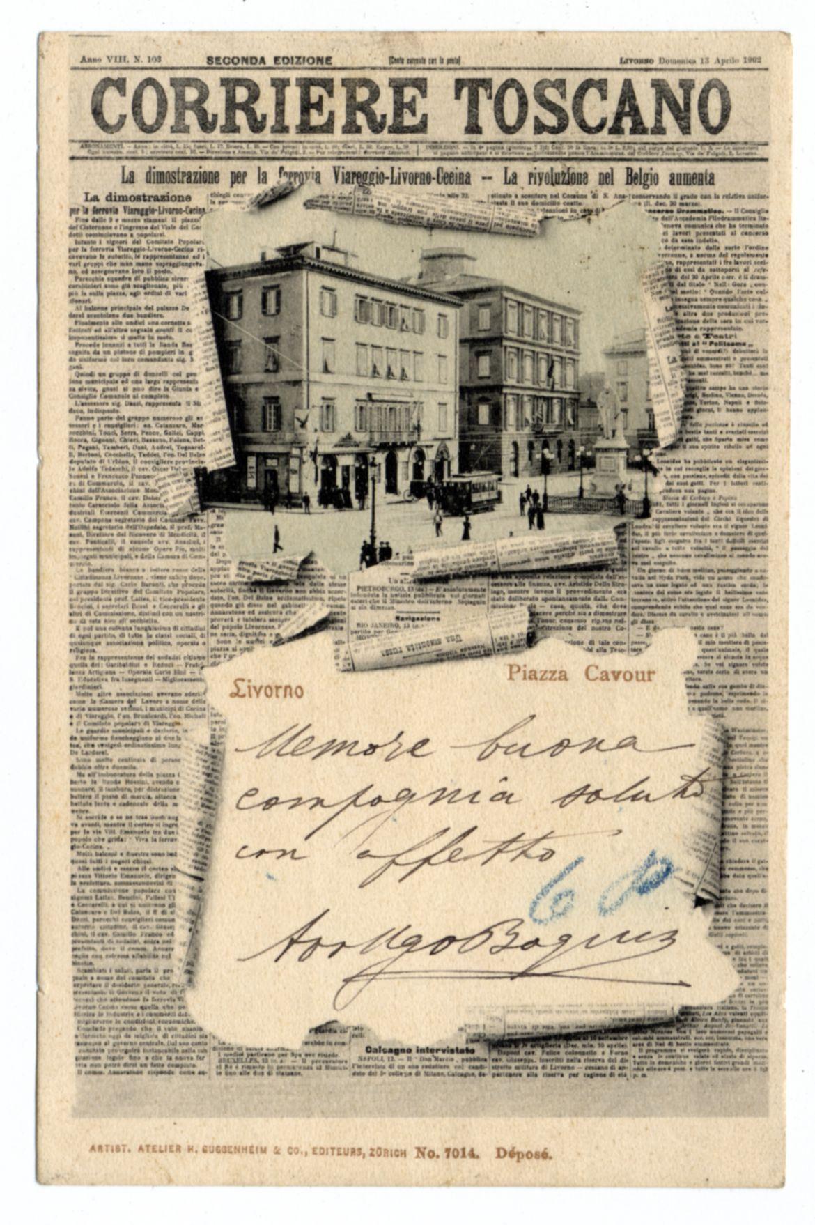 The image depicts a page from an old newspaper titled "CORRIERE TOSCANO" with the date of publication shown as April 12, 1902. The top part of the page features a black and white photograph showing a street scene with multi-story buildings, possibly in Livorno (Livorno), Italy, indicated by the text on the photo.

The center portion has torn sections revealing handwritten notes that seem to be personal reflections or annotations related to historical events described at the bottom. These notes include phrases such as "La democrazia per la fornia Viareggio-Livorno-Cecina," which translates from Italian, and mentions of a revolution in Belgium.

A notable part is where there appears to have been a newspaper clipping with handwritten text by someone named 'L'ororno,' writing about memories associated with an address or place. The handwriting indicates familiarity but the content seems personal and specific to this individual's experiences or memories connected to that location.

The overall condition of the paper suggests it has aged significantly, showing signs typical for such documents from early 20th-century print media.