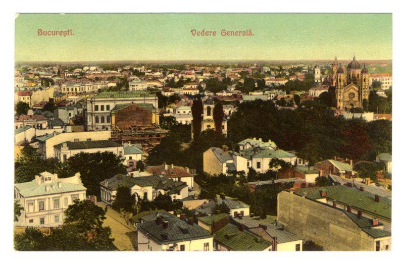 The image is a vintage postcard showing an aerial view of București, Romania. The photograph captures numerous buildings with different architectural styles and roof designs, indicating a densely populated urban area. Prominent in the scene are several church spires and domes, suggesting religious structures within or near residential neighborhoods.

At the top of the image, there is text in what appears to be Romanian: "București," which translates to "Bucharest." Below this, another phrase reads "Vedere Generală," translating to "General View" or "Panorama view."

The coloration on the postcard has a vintage look with warm hues of yellow and green tints. The image is likely from an early 20th-century period judging by its style.

Additional information about this specific photograph can be found at: Bucarest - Vedere Generala (Veduta panoramica) https://images.loener.nl/FerroCandilera/full/6730/6730ab9e89b10e7a26b72414.jpg