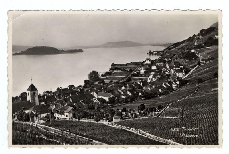 The image is a black and white photograph with an aged appearance, likely taken on old paper. It depicts a picturesque village perched on the slopes of a hillside overlooking a large body of water that could be identified as Lake Constance in Germany due to its resemblance to images from Twann Bielersee region. The landscape includes terraced vineyards indicative of wine production, characteristic of Germanic viticulture.

In the foreground and middle ground are rows of grapevines on what appears to be a steep hillside, suggesting that this may have been an early 20th-century photograph capturing rural scenery before urbanization altered such landscapes. The village consists of traditional European architecture with dark roofs contrasting against lighter walls. A prominent feature is a church spire in the lower left corner.

In the background, across the lake or river lies another landmass connected by islands and bridges, creating an expansive view that extends beyond just the immediate settlement. This panoramic perspective suggests it could be taken from elevated ground within the village itself. The text "1932 TWANN Bielersee" is visible in white at the bottom right corner of the photo.

The top edge shows signs of wear with a scalloped border, indicating that this might have been part of an album or kept as mementos typical for personal records from early photography [...]