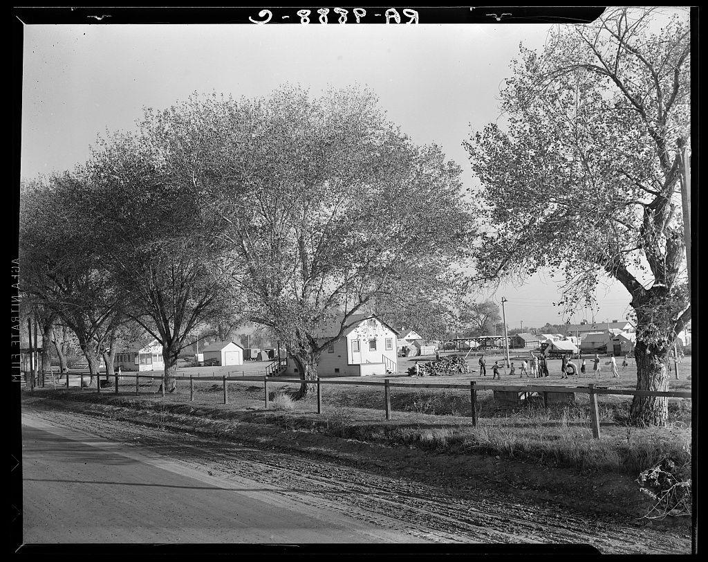 The photograph captures a rural setting with modest structures and fencing that demarcate property lines. There's an array of trees, predominantly leafless or sparsely vegetated, indicating it could be during the colder months or in preparation for autumnal shedding. Several white buildings are visible; some appear to have residential features like porches, while others look more utilitarian with simple designs and what seems to be outdoor storage units nearby.

In the background, a larger group of people is gathered around various objects on the ground that could suggest communal activities or work processes taking place in an open field. The presence of tents and makeshift shelters hints at transient living conditions typical for migrant laborers. A road runs parallel along the bottom edge with tire tracks visible, suggesting frequent vehicle passage.

The overall atmosphere exudes a sense of simplicity and community among individuals who might be part of migratory agricultural workforces moving through regions such as California's Kern area during harvest seasons or in search of seasonal employment opportunities across America.