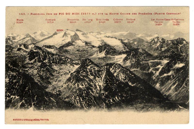 The image displays a vintage postcard showcasing the Panorama of Pic du Midi at an elevation of 2,877 meters. The scene captures snow-capped mountain peaks and rugged terrain with deep valleys. Prominently featured are several mountains: Munia (3,150m), Camblielieut(3,175m), Névettelle (3,092m) Pie 'ong (3,194m), Mont d'Urdu (3,165m), Cylindre (3,327m), Marbordet (3,253m). Additional details include the heights of other peaks like Hautes-Cimes de Gavarnie such as Ca-que and Tailou with their respective altitudes. The postcard bears a historical note indicating it's part of "La Haute Chaine des Pyrénées" collection from Central France by Labouchère, Prècaux, Toulouse in the year 1897.
The photograph captures an expansive natural landscape with varying elevations and snow coverage on mountain peaks. It serves as a historical record of European alpine geography at that time period, illustrating both the beauty and the scale of these mountains through detailed elevation data.