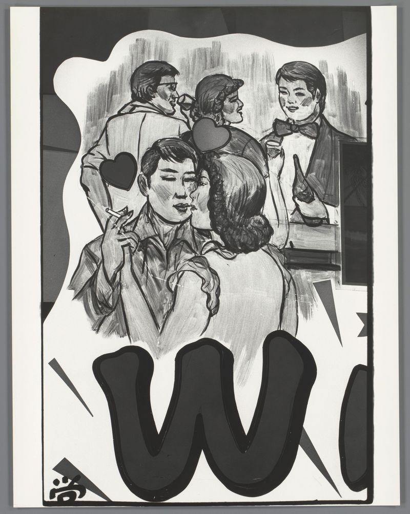 The image depicts a black-and-white illustration of several people in what appears to be an intimate and romantic setting. The central figures are two individuals who appear to be kissing, with the woman's head turned away from us as she leans into the man on her right side. They stand out prominently against a larger figure that seems like part of their embrace or possibly another person behind them. This large silhouette is wearing glasses and has an expressive hand gesture near their face.

To the left within this main image, there are additional figures; one with a heart symbol over their chest appears to be in conversation with someone outside the frame, while next to him stands a woman facing away from us but looking toward another figure who seems to be engaging her. This person is holding what looks like a cigarette or cigar and dressed formally.

Beneath this scene of people, there's an oversized stylized letter "W," which could signify either part of the title or subject matter mentioned in Dutch as 'woensdag'. The art style includes bold outlines with significant shading and texture effects that give depth to their forms. It has a dynamic composition suggesting movement and emotion within its narrative.

The use of black ink over white paper is evident, creating stark contrasts between light and shadow which adds drama to the scene. There's also some text at th [...]