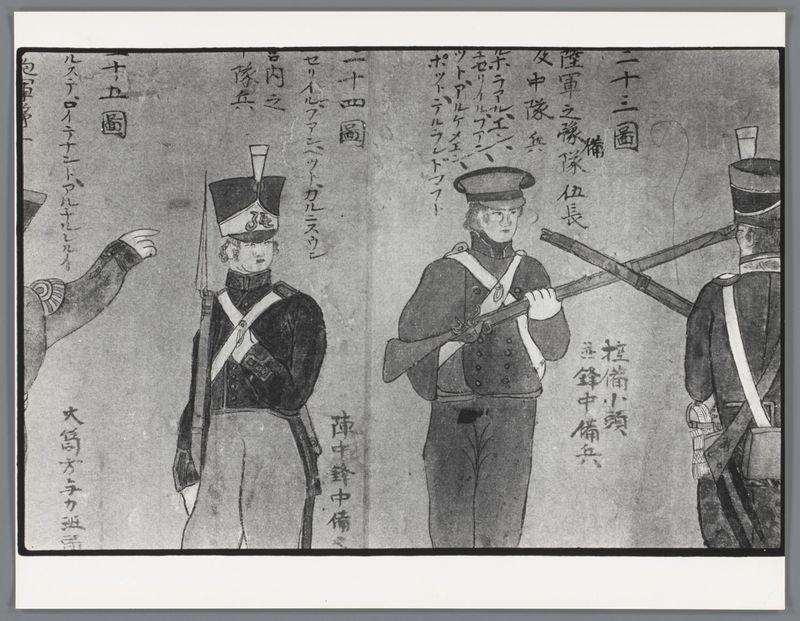 The image displays an ink and wash print on paper, showcasing a historical military scene from Japan. It features four figures in mid-19th-century uniforms that resemble Western-style dress, indicating the Meiji Restoration period when Japan was transitioning to modernization under Emperor Meiji's rule.

On the left side of the composition is a man pointing at another figure with an elongated arm and wearing traditional Japanese military attire marked "大日本陆军士官第" which translates to "First Officer in the Imperial Japanese Army." The second person, labeled as "三等兵," meaning "Third-Class Soldier," carries a rifle on his right shoulder.

In contrast, on the right side stands another soldier with similar Western-style uniform and an officer's hat marked "長," suggesting he holds some form of command. His posture is upright, indicating discipline or attention to duty.

Behind him are two individuals in black uniforms carrying rifles across their shoulders; they seem like military musicians given the presence of a kettle drum visible on one figure's left side. The scene includes Japanese text throughout which likely provides context such as rank titles and specific names, though no translation is provided here.

The style of writing suggests it could be from ukiyo-e art period known for its woodblock prints depicting aspects of Japan including the everyday life, travel scenes, an [...]