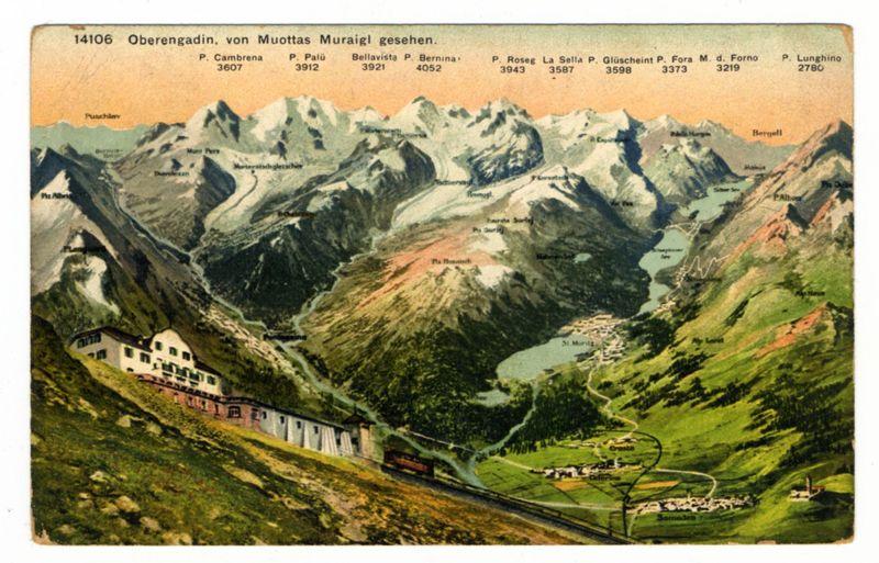 The image is a vintage postcard depicting a panoramic view of the Oberengadin region in Switzerland, showcasing several prominent peaks and valleys. The mountains are named with their respective elevations: P. Cambrona (3807), Palü Peak (3912) among others. A train runs through a valley at the bottom left corner, indicating transportation infrastructure during its time of creation.

The landscape is rich in greenery and mountainous terrain, with patches of snow-capped peaks suggesting high altitudes. Small settlements or farmsteads are visible on flat terrains within valleys, implying human habitation amidst nature's backdrop. The color palette consists primarily of greens from the vegetation, whites from snowy mountains, browns and grays for rocky areas, and shades of green in distant fields.

This picturesque representation captures both the beauty and ruggedness of the Swiss Alps during an earlier period, likely early to mid-20th century based on its style.