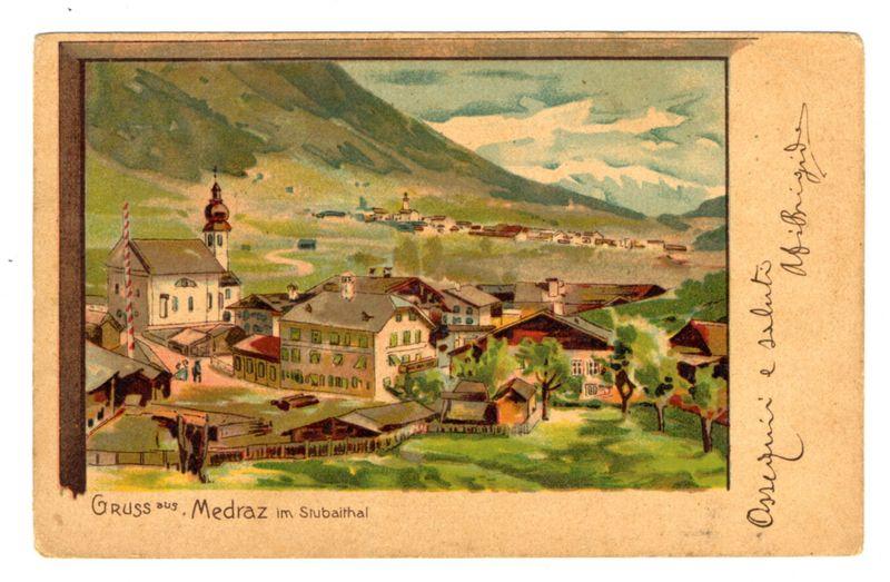 The image is a vintage postcard featuring an illustration of the village Medraz as seen from Stubaital. It depicts a picturesque rural setting with various buildings, including what appears to be a church or town hall in the center and residential houses spread throughout. A mountain range forms a dramatic backdrop, suggesting this location might be within a valley surrounded by hills.

In the foreground, there's greenery that could represent fields or pastures, indicative of agricultural activity. The village has a quaint charm with its European architectural style visible through the different colored roofs and windows. There is also some text on the bottom left corner in German which reads "Gruss aus Medraz im Stubaital," translating to “Greetings from Medraz in Stubaital,” suggesting that this postcard was sent or distributed as a greeting card.

The upper right of the image contains additional handwritten notes, likely indicating personal messages and signatures. The overall feel is nostalgic, capturing an earlier time when such cards were commonly used for communication between distant locations.