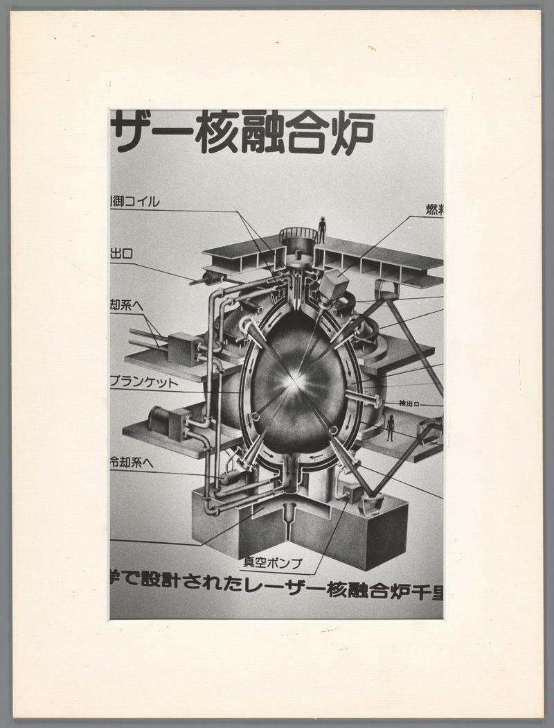 The image depicts a technical diagram of what appears to be an industrial machine, possibly related to nuclear fusion or atomic power generation. The central feature is a large circular device with intricate internal components and surrounding structures that include pipes, valves, and various mechanical connections.

At the top center, there are Japanese characters likely indicating the title or description of the apparatus; however, without translation beyond this context, it's unclear what exactly they signify in English. Below these letters, we see labels pointing to different parts of the machine with corresponding text explaining their functions such as "core reactor," access points ("outlet"), and other mechanical components like a vacuum bottle.

The diagram is highly detailed, showcasing multiple levels within the apparatus, suggesting complex functionality or multi-stage processes occurring in this device. The overall aesthetic suggests it might be an educational illustration designed to explain how such machinery operates.

This image does not contain any people; instead, its focus remains on providing information about the machine's structure and operation through a clear visual representation accompanied by explanatory text.