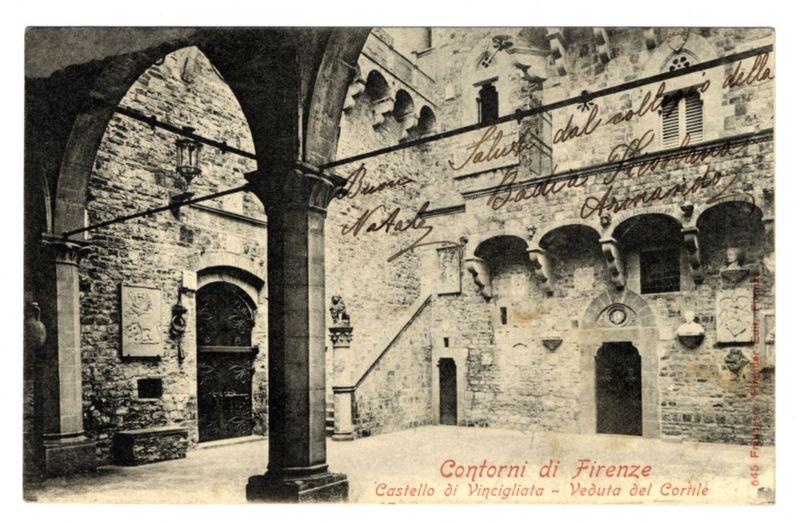 This image shows an old postcard of a historical site known as "Contorni di Firenze" or the "Dante's Circle." It features stone architecture typical of medieval Italian design, with arches and columns. The photo is black-and-white, suggesting it may be from early to mid-20th century when such images were commonly published in postcard form for travelers' souvenirs.

The prominent text reads "Contorni di Firenze" at the top, which translates as "Rings of Florence," and mentions specific locations within this circuit: "Castello di Vinchiglia - Veduta del Cortile." This indicates that we are looking inside a courtyard ("del Cortile") belonging to Castello de' Vincigliese.

Signatures or inscriptions in cursive handwriting adorn the upper part, likely representing autographs from notable individuals associated with the site. These could be artists, writers, or other cultural figures who have visited and left their mark on the place.

The bottom right corner has a red stamp indicating "6451," which might refer to an inventory number for postal purposes during distribution of these cards.

There's also text in Italian at the very bottom: "VIAGGIA" - translating as travel. This could be part of a larger phrase, possibly relating to travels or journeys across Florence.

The image captures not just architecture but also cultural history and personal connections through the autogra [...]