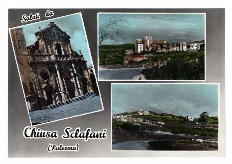 The image is a collage of three photographs with text and graphic elements superimposed. The top-left photo shows an aged, ornate building that appears to be in disrepair or undergoing preservation work; it has classical architectural features like columns, arches, and intricate stonework. Above this photograph is the phrase "Saluti da" written on a dark background.

The bottom section of the image displays two separate photographs: one directly below the collage shows what seems to be an old church with its façade partially exposed or damaged, while another photo illustrates a rural landscape featuring green fields and small buildings on rolling hills. The title in large text at the center reads "Chiusa Sclafani (Palermo)," indicating that these images depict Chiusa Sclafani located within Palermo.

The overall theme of this image appears to be showcasing historic or cultural sites, possibly for a travel guidebook or souvenir postcard related to Chiusa Sclafani.