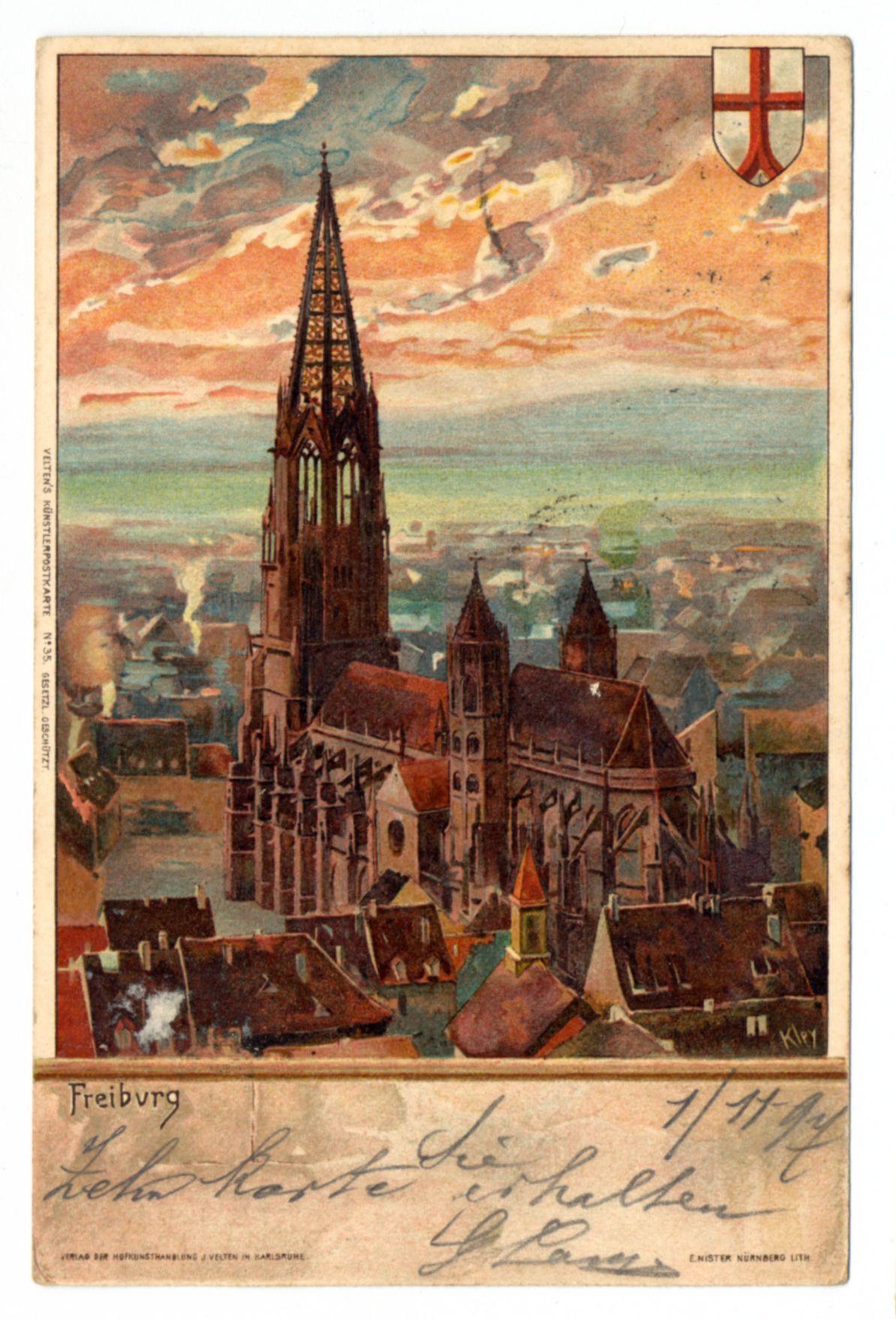 The image depicts a historical postcard featuring an illustration of Freiburg Minster, also known as the Cathedral of Our Lady in German. The cathedral stands prominently against a backdrop of sunset hues with orange and pink clouds casting warm light over the scene. This Gothic-style church has two towering spires, one significantly taller than the other, topped with intricate lattice structures that are characteristic of such architecture.

The illustration is rendered in an impressionistic style, which gives it a textured appearance reminiscent of brush strokes on paper or canvas. The artist's signature and date "H Kley" along with "7/14 96" can be seen at the bottom right corner, suggesting this artwork was created around July fourth, nineteen hundred and nine.

The postcard bears an inscription in German which translates to 'Freiburg' and includes a handwritten note attributing it to someone named Heinrich Kley. There is also text on the left side of the card that reads "Vorheriges und neuestes Kunsthandwerk" followed by some indecipherable script, likely indicating its historical value as an artwork.

The top right corner features a coat of arms with red and white colors signifying regional or familial affiliation to Freiburg. The overall impression is one of nostalgia for the beauty and grandeur of this Gothic cathedral in what appears to be late 19th-century Germany.