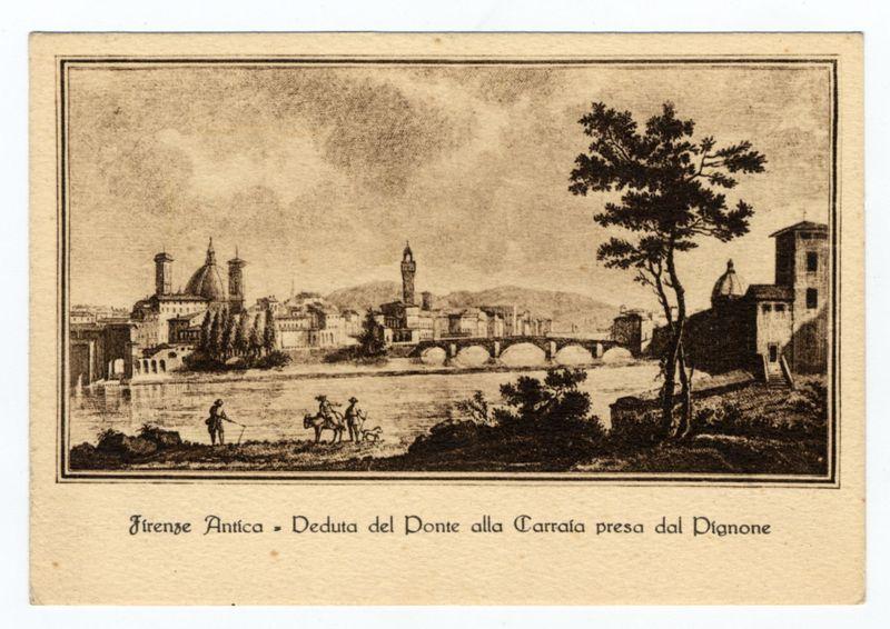 The image depicts an antique print of a historic view, likely from the 17th or 18th century. It portrays the Ponte alla Carraia in Florence, Italy, as indicated by the text at the bottom which reads "Firenze Antica - Veduta del Ponte alla Carràia presa dal Pignone." The print features a detailed and realistic representation of the bridge over the Arno River with several arches. On either side of the riverbank are buildings that include prominent structures such as domed churches, likely Santa Maria Novella and San Miniato al Monte, identifiable by their distinctive architecture.

There is also a depiction of people engaging in various activities: two individuals appear to be crossing the bridge on foot; one person seems to be riding or pulling something along the riverbank using a pole, perhaps indicating laborious work like moving goods. A tree with dense foliage stands prominently at the right side, and there's an impressionistic rendering suggesting more landscape beyond.

The p