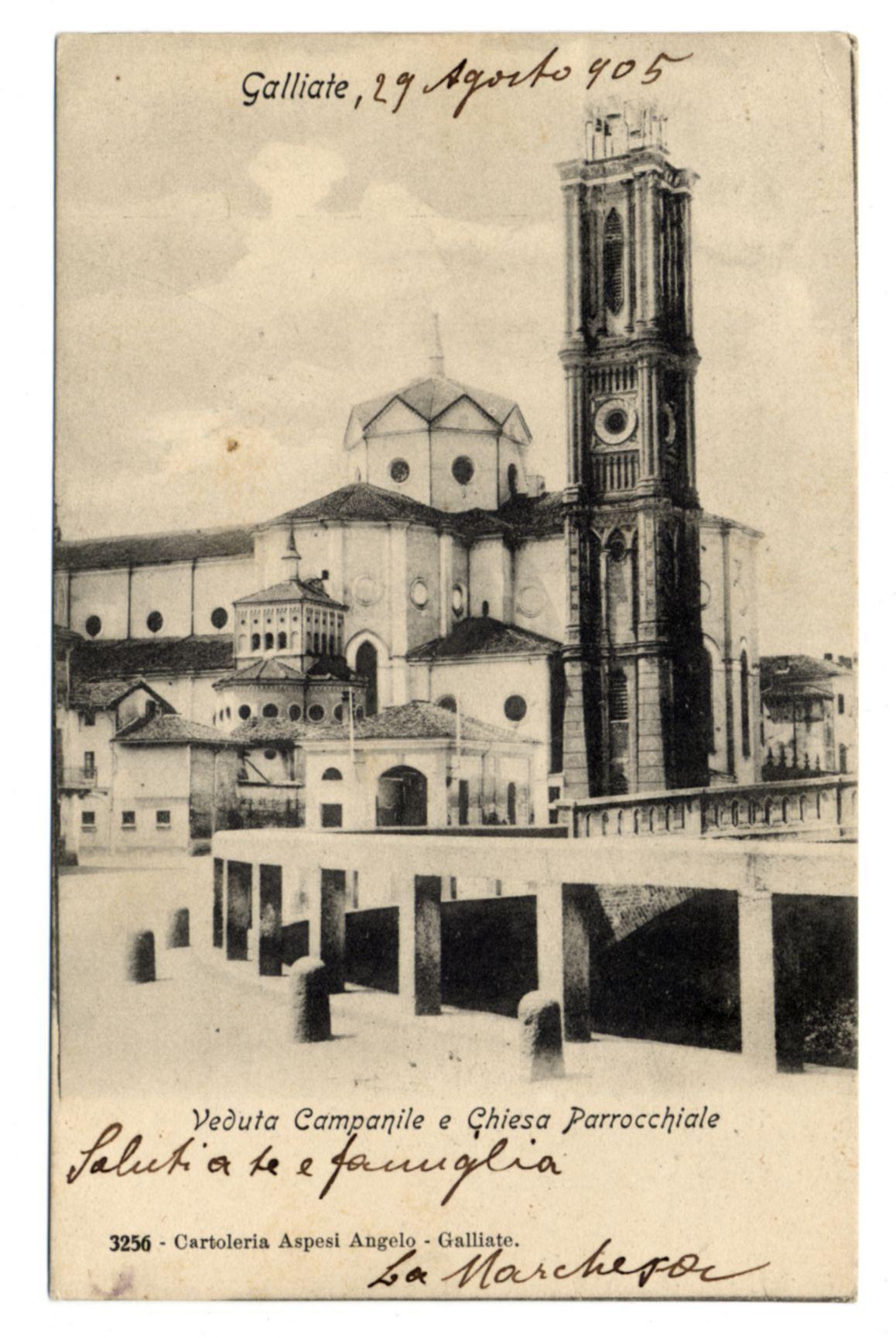 The image depicts an aged postcard featuring a black and white photograph of Galliate's Campanile Church. This historical structure is shown in great detail, with its ornate clock tower standing prominently against the sky, accompanied by various architectural elements such as arches, columns, and circular windows.

In addition to this detailed depiction, the top right corner has handwritten text indicating "Galliate, 29 Aprile 1905," suggesting that it's dated April 29th of that year. Further down on the postcard is more hand-written script which reads in English as: 'Veduta Campanile e Chiesa Parrocchiale', and below this a cursive signature, with additional text underneath identifying Galliate.

At the bottom left corner, there's printed information about where to find cartolieria (likely indicating a place for purchasing or learning more about these postcards) in Aspegi - Gallicco. The overall tone of the image suggests it is an antique piece meant for historical interest rather than contemporary use.