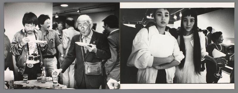 The image is a split-view of two black and white photographs. On the left side, there are four individuals in an indoor setting that resembles a social gathering or event. The first person from the left appears to be eating something on a plate held by another individual behind him. This person has dark hair, wears glasses around his neck, and is dressed casually with a jacket over what seems like a light-colored shirt.

The second man is older, wearing glasses, and holding a white disposable plate in one hand while seemingly about to eat or taste the contents on it; he's also partially obscured by another individual behind him. He has distinctive features such as prominent mustache hair above his lip and possibly a beard at the chin area. The third person from the left is seen with an older camera around their neck, hinting they may be taking photographs during this event.

The last person in line on that side seems to have short dark hair; he's holding what appears to be food or 