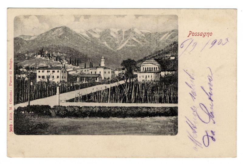 This vintage postcard depicts a scenic view of Passaggio, likely in the early 20th century. The image shows an expansive rural landscape with buildings that have European architectural styles, including what appears to be a church or significant public building with prominent columns and towers, suggesting it may hold historical importance.

In the foreground, there is text written vertically on the left side which reads "3410 - Edit M. Olivotto" possibly indicating an edition number by publisher Olivotto. Another line of text at the bottom says "Folleve di Soligo," hinting that this location could be named Folleve or associated with a local entity called 'di Soligo.'

The background features majestic mountains, covered in snow which suggests it's either late winter or early spring when most of the snow hasn't melted. The vegetation appears sparse on these higher elevations.

On top right corner of the postcard is handwritten text "Passaggio" and below it another inscription poss