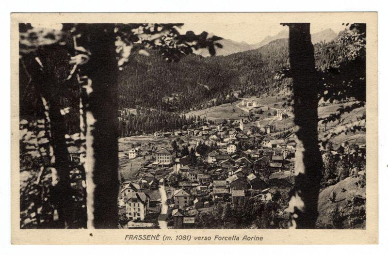 The image shows a vintage black and white photograph of the town Frassanè, located in what is now known as Ferro, Italy. The view captured from an elevated position looks down upon a collection of buildings nestled within a forested mountainous landscape. It appears to be late 19th or early 20th-century judging by architectural styles and overall graininess typical of photographic film during that era. A caption on the image reads "FRASSENÈ (m. 1081) verso Forcella Aorine," suggesting this view is towards Forcella Aorine, a location within Ferro's vicinity. The photograph has been framed with dark borders and tree branches from above add to its aged aesthetic by partially obscuring the top corners of the image.