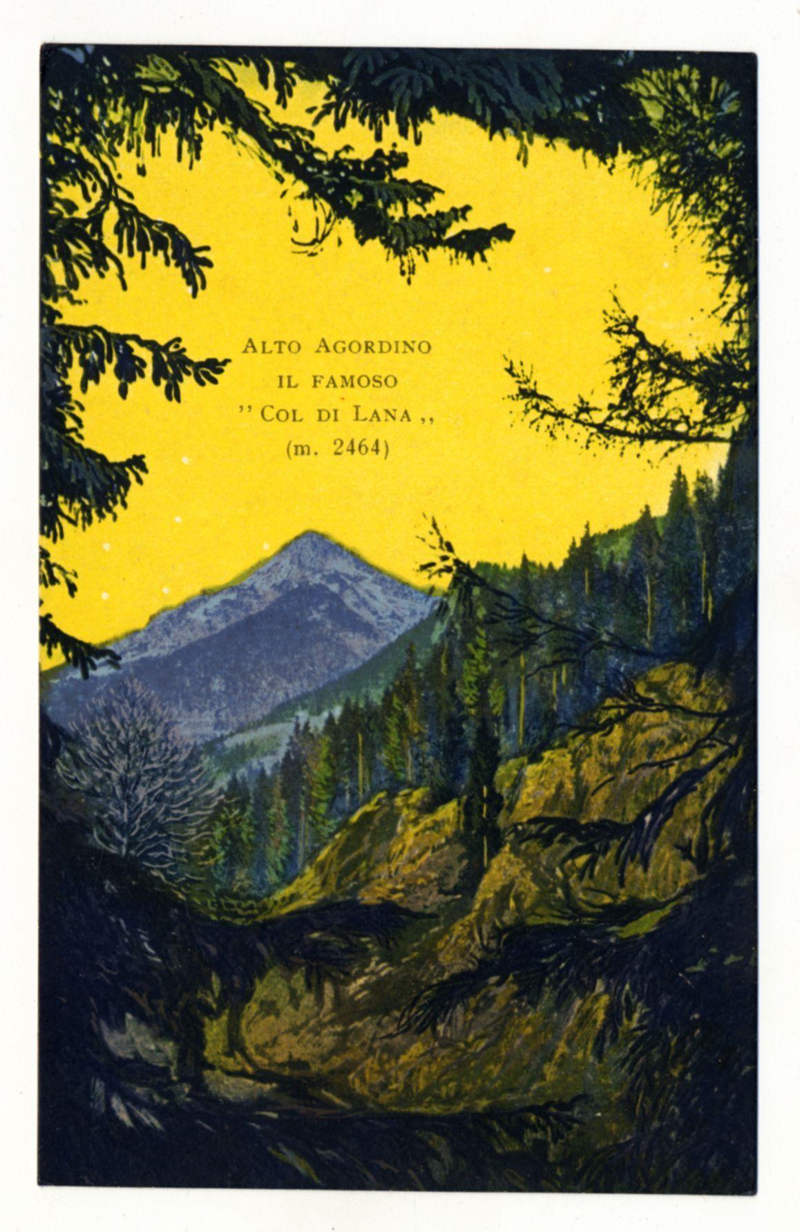 The image depicts a vibrant and detailed illustration of the Alpe di Lana, an iconic mountain peak in the Agordino region. The artwork is rendered on a bright yellow background which adds a striking contrast to various shades of blue used for depicting mountains with different levels of illumination suggesting depth and distance.

In this scene, we see trees predominantly dark green, with varying tonalities that suggest foliage density or back-lighting effects caused by the setting sun. A cluster of coniferous trees is highlighted in deeper hues, standing out against a brighter yellow backdrop which gives off an impressionistic quality to the painting.

The prominent mountain peak stands under what appears to be either dawn or dusk as indicated by the golden-yellow sky with star-like white specks suggesting stars or perhaps distant lights. The blue of the mountains varies from light grey and deep indigo, denoting different altitudes and surfaces such as rocky outcrops which have a 