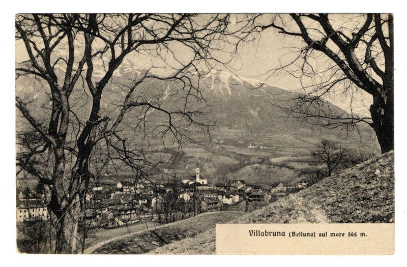 The image depicts a vintage postcard featuring an old photograph of Villabruna, located in Belluno at an elevation above sea level. The card shows a panoramic view with bare tree branches framing the top and bottom edges, indicating it might be taken during winter or early spring when trees are not leafy.

In the background is a majestic snow-capped mountain under a cloudy sky, suggesting that Villabruna lies in a region known for its alpine landscapes. In front of the mountain stands an imposing structure with a bell tower, likely part of a church or other significant building within the village.

The town itself appears quaint and traditional, consisting of closely packed buildings on rolling hills. The architecture suggests historical European influence, possibly Italian given the name Villabruna is typical for Veneto region in Italy where Belluno province belongs to.

At the bottom right corner, there's a caption that reads "Villabruna (Belluno) sul mare 365 m," which transla