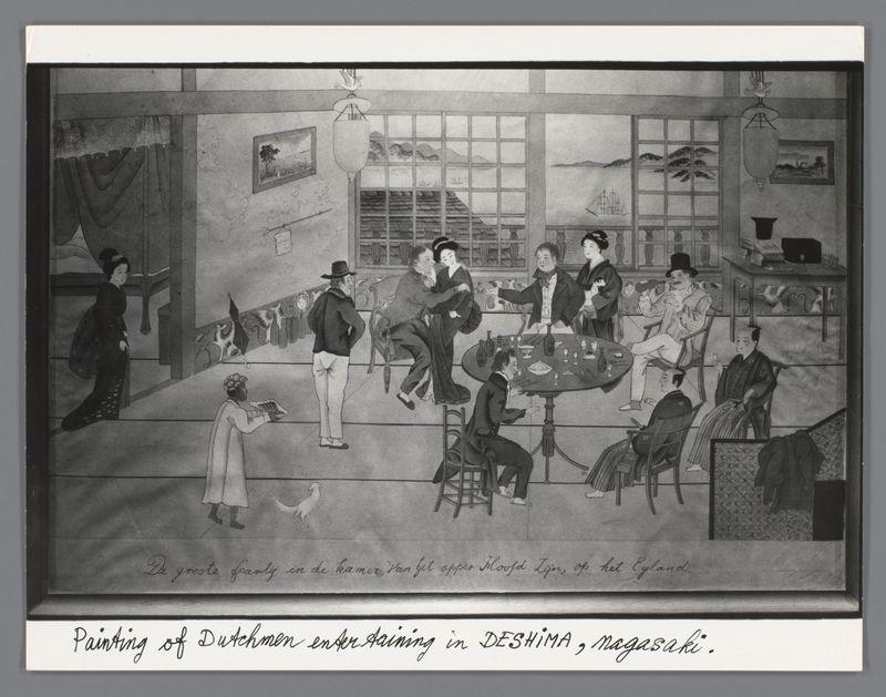 This image shows a detailed black-and-white painting depicting an indoor scene with multiple figures engaged in various activities. In the foreground, two women dressed in traditional Japanese clothing—one wearing a kimono and another perhaps a yukata—stand beside a seated man who appears to be reading or writing something on paper.

The central part of the room is occupied by several individuals involved in conversation around a low table set with bowls, bottles, and cups, suggesting a meal or tea ceremony. The men are dressed in Western-style clothing, such as suits, while one woman wears a kimono similar to that worn earlier. There's an air of relaxed social interaction.

In the background through what appears to be French doors leading outside, we see more figures seated around another table. A couple is seen embracing each other at this secondary scene, and there are additional guests in conversation or contemplation.

The walls feature framed paintings depicting landscapes 