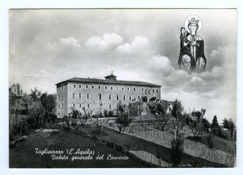 This black and white photograph shows an older, two-story building situated on a hillside. The structure appears to be a convent or monastery with numerous windows along its facade. It has a flat roof with what seems like dormers near the top center of the image.

In the foreground is a vineyard with rows of grapevines leading up towards the building. Sparse trees and bushes dot the landscape around the hillside, indicating that this might be in a rural or semi-rural area.

Above the convent, there's an illustration superimposed on the photo depicting two figures within a cloudy backdrop. The larger figure is wearing regal attire with a crown and seems to represent a saintly woman holding a child also adorned with a halo.

At the bottom of the image, in cursive script, reads "Tagliacorso (L'Aquila) - Veduta generale del Convento." This translates from Italian as "Tagliacorso (Aquila) - General View of the Convent," providing context to the location depicted. The source for this i