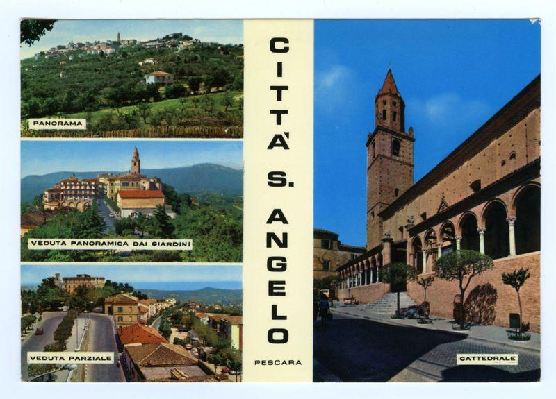 The image depicts a postcard featuring four different views of the town Città S. Angelo in Pescara, Italy. On the left side is labeled "Panorama," showcasing a panoramic view from above, showing green hills with scattered buildings and trees under a blue sky. In the center, it reads "Veduta Panoramica Dai Giardini" displaying an urban scene with terracotta-roofed structures surrounded by lush vegetation against a backdrop of rolling hills and mountains in the distance.

Below these two images is labeled "Veduta Parziale," showing another view from ground level along a street lined with buildings, trees, and greenery. The rightmost image features an architectural structure titled "Cattedrale" (cathedral), displaying part of a large brick building with arched windows and columns in the foreground under a clear blue sky.

The postcard includes text that reads 'CITTÀ S. ANGELO' prominently on a vertical banner across its center, indicating the location being represented by these images