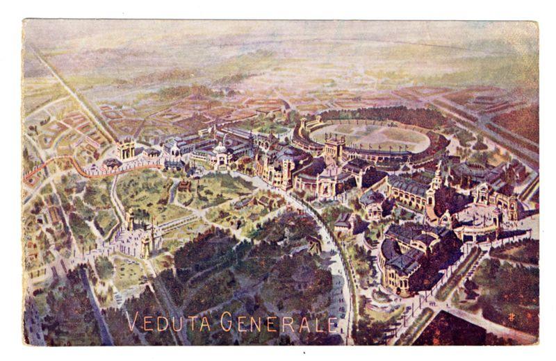 This image is a vintage colored postcard depicting an aerial view of the "Veduta Generale" (General View) at Milan's International Exposition held in 1906. The card showcases various pavilions, including architectural structures with ornate designs and gardens surrounding them. Prominent features include large buildings resembling classical temples or museums on one side, a racetrack-like oval area near the center, and expansive green spaces that separate different sections of the exposition grounds.

The overall layout is organized in an orderly manner, suggesting meticulous planning for the exhibition's infrastructure. The use of warm colors such as oranges, yellows, greens, and browns gives it a nostalgic feel typical of early 20th-century print materials. At the bottom center, "Veduta Generale" is inscribed with stylized text that highlights this particular overview.

This image serves not only as an artistic representation but also provides historical context for those interes