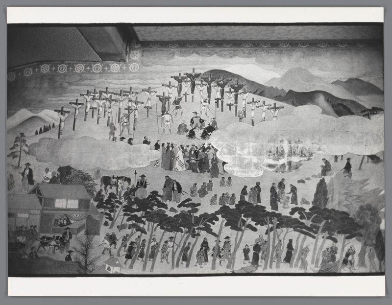 The image is a black and white photograph that appears to be of an intricate mural or painting. The artwork depicts numerous figures, many of whom are crucified on crosses in various styles suggesting different periods or interpretations of the Christian concept of martyrdom. Some individuals stand nearby observing the scene, while others engage with animals such as cows. In the foreground, there is a group of people walking through what seems to be a forested area. The figures' clothing varies from robe-like garments to traditional Western attire like hats and coats, indicating different social statuses or time periods within the depicted scenes.

The mural's background features stylized trees with dense foliage at the bottom transitioning into lighter shades towards the top, which could represent hills or mountains in the distance under a sky. The overall composition is busy, filled with details that suggest a historical narrative possibly relating to religious persecution and surv