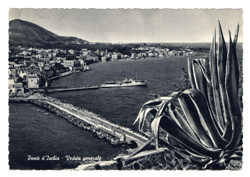 The image is a vintage black and white photograph depicting an aerial view of the harbor town of Ischia, Italy. In the foreground on the right side, there's a prominent close-up of Aloe Vera plants with their long, waxy leaves extending towards the top edge of the photo. The main body of water showcases calm waves gently lapping against rocky shores and breakwaters leading into the harbor where various boats are moored.

A paved promenade runs along one section of the coastline, with a couple of individuals visible walking or standing on it, providing scale to the scene. On the left side, buildings line up in close proximity, suggesting an older urban area with historical architecture. The town extends toward hills covered with vegetation and scattered homes, indicative of residential areas. In the center background sits a prominent ferry boat docked at what appears to be a pier or docking station.

The text "Ponte d'Ischia - Veduta generale" is visible in white letters on the bott