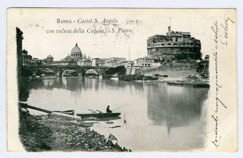 The image shows a black and white postcard with the title "Roma - Castel S. Angelo" written at the top, followed by Italian text that translates to "(with view of St. Peter's Dome)." The scene depicted is an outdoor riverside setting featuring architectural landmarks in Rome, Italy.

In the foreground, there are two boats on a calm river; one boat has a person with paddles who appears to be rowing or fishing from it. To the left side of the image stands Castel Sant'Angelo (also known as Mausoleum of Hadrian), an ancient Roman mausoleum built by Emperor Hadrian in 134 AD and later incorporated into the walls of Rome.

Behind the castel, a bridge with multiple arches spans across the river. In the background, centered above the water's reflection on the calm surface is St. Peter's Basilica, one of the largest churches in the world known for its dome designed by Italian architect Michelangelo Buonarroti and cupola.

To the right side of Castel Sant'Angelo stands a large circular for