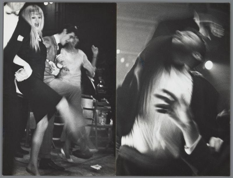 The image is a split-screen photograph capturing two dynamic scenes within what appears to be a lively social gathering or event. On the left, there are three individuals in mid-movement; one person with long hair and wearing dark clothing stands out prominently due to their motion blur which suggests dancing or rapid movement. This individual's legs are captured off the ground as they appear to kick back during an energetic moment.

The second part of the split-screen shows another figure engaged in a dynamic action, possibly also dancing or moving rapidly within a dimly lit environment that could be indicative of nighttime social activity. The person has their arm raised and is wearing what looks like a light-colored top; details are obscured by motion blur but suggest movement through space.

Both sections have black-and-white tones with high contrast, emphasizing the subjects' actions against darker backgrounds. This style often conveys immediacy and captures spontaneous moment