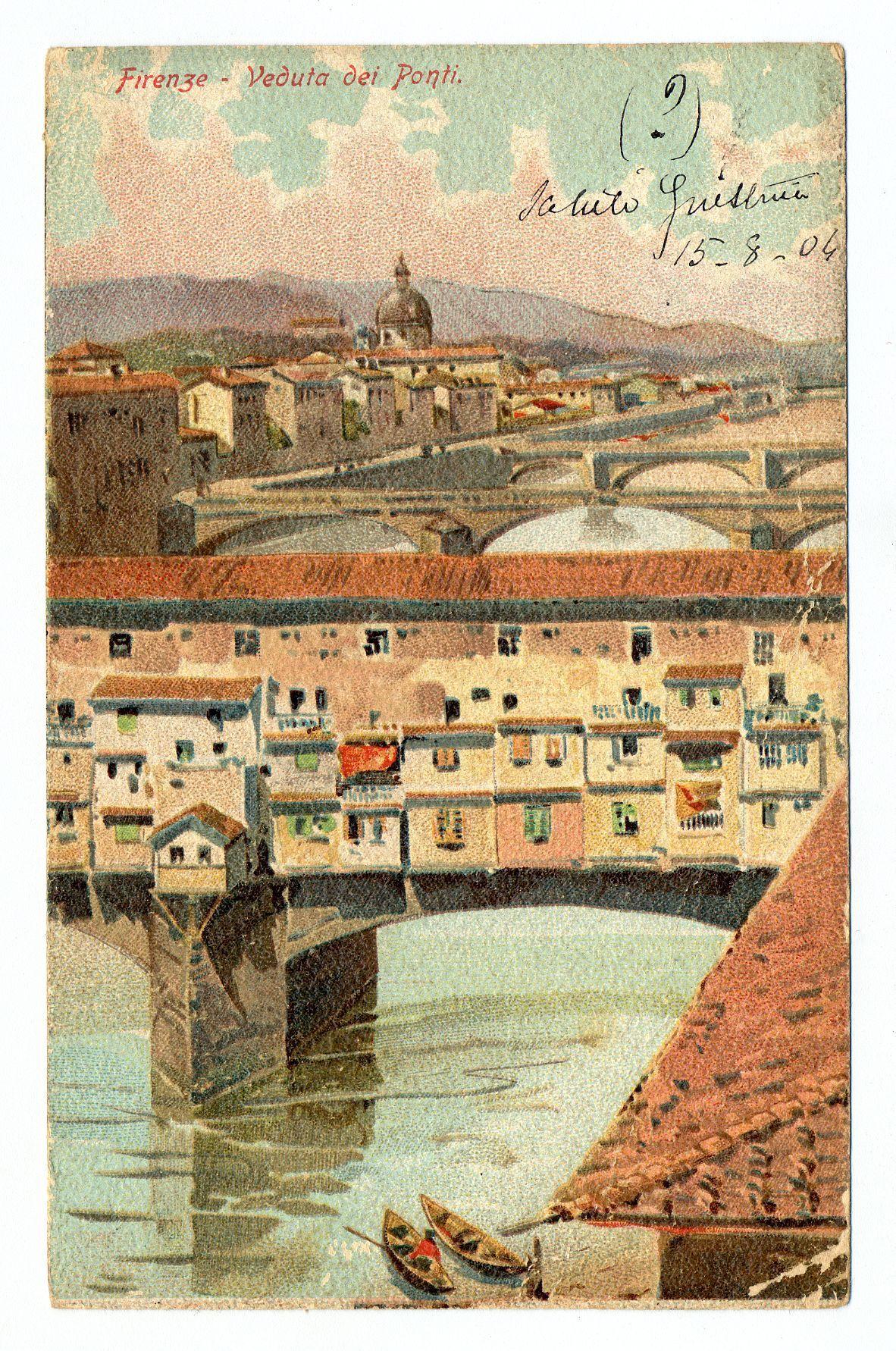 The image depicts a detailed and textured postcard featuring an artistic rendering of Florence, Italy. It's marked as "Firenze - Veduta dei Ponti," which translates to "Florence - View from the Bridges." The illustration captures multiple bridges spanning over water with buildings on either side showcasing typical Florentine architecture—characterized by red-tiled roofs and various shades of warm hues like yellows, browns, and earth tones. Prominent among these structures is a dome-capped building in the distance that resembles Florence's famous Cathedral of Santa Maria del Fiore. The perspective shows water flowing beneath some bridges with reflections visible on their surfaces. A small boat is depicted near one bridge. Handwritten text includes "Lauro Guerrieri" and a date, presumably representing the artist or collector's mark along with a possible signature that seems to be dated August 15-804 (likely an error in writing). The overall condition of the postcard shows signs of age, s